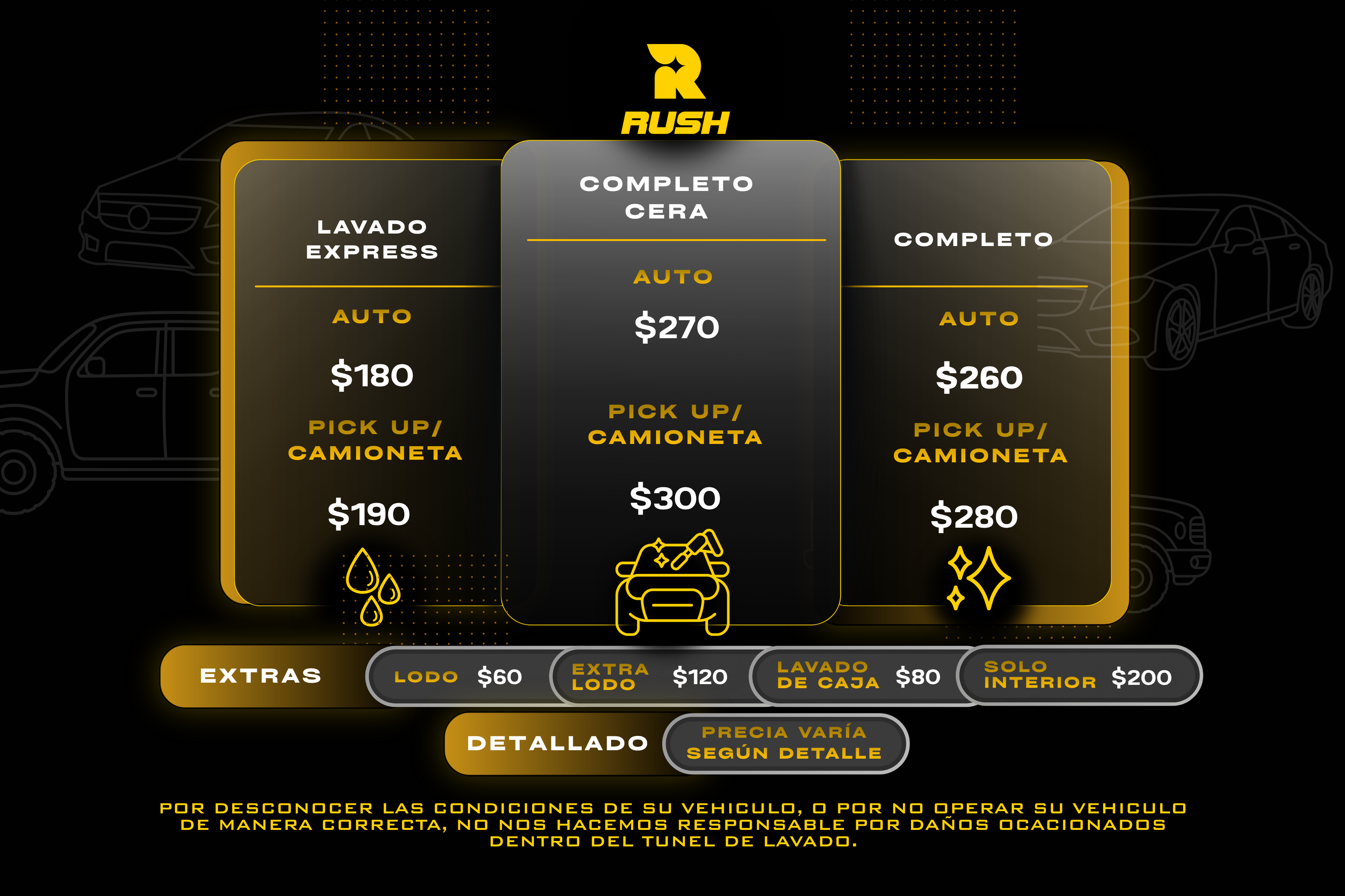 Menú de precios y servicios de RUSH Car Wash